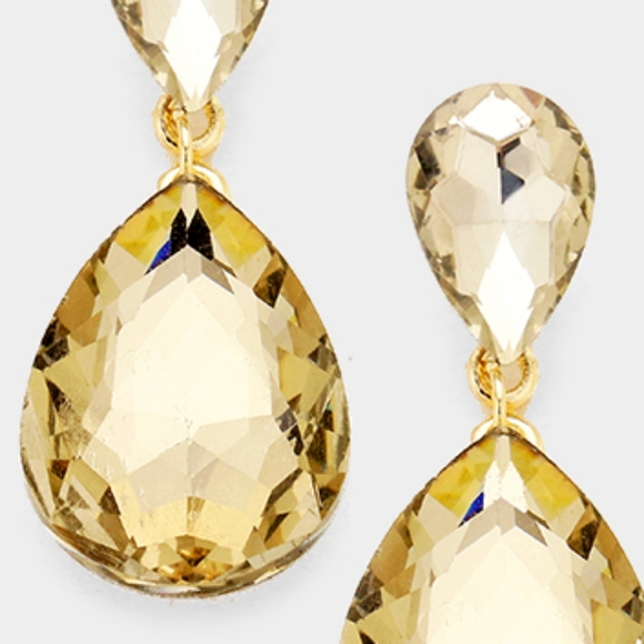 Gold Topaz Dangle Crystal 1.7 Inch Double Teardrop Earrings Statement Accessory - Picture 2 of 2